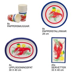 Kräftskiva Klassiskt Paket Röd Papper Komplett Festkit 8 Personer Kräftfest 44 Delar