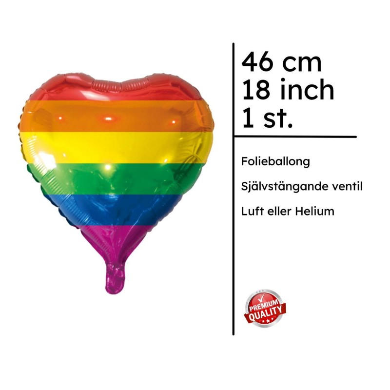 Regnbågsfärgad folieballong i hjärtform, en festlig dekoration för att sprida kärlek och glädje.