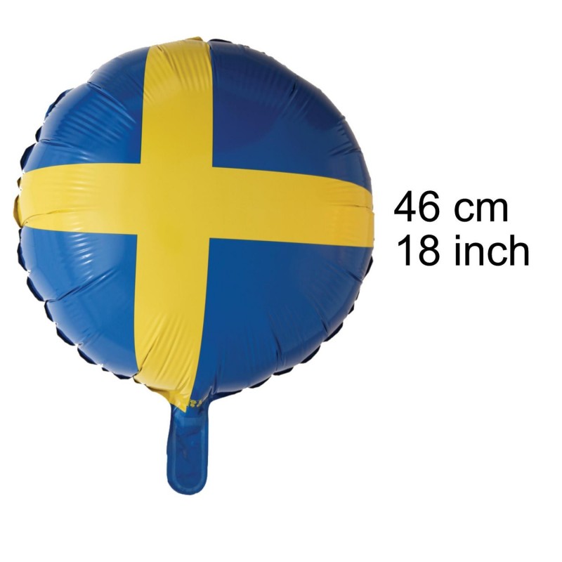 Ballong i gult och blått med svensk flagga i bakgrunden
