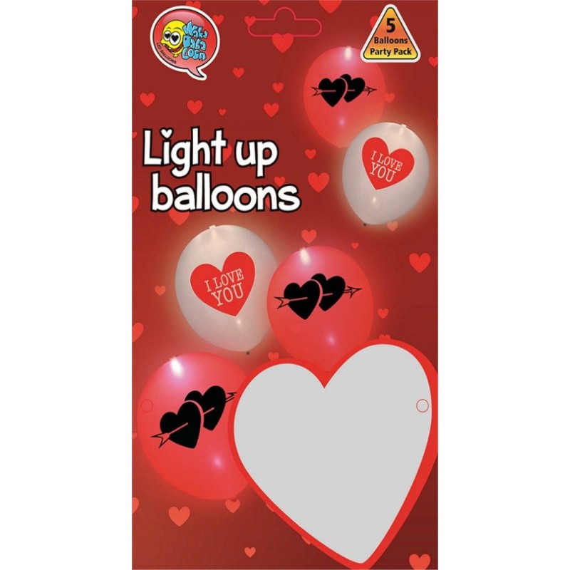 Fem stycken latexballonger med LED-ljus och "I Love You"-tryck, perfekta för att fira kärlek och romantik.