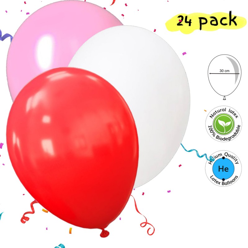 24 kärleksfulla ballonger i röd, vit och rosa, perfekta för att skapa romantisk stämning på Alla Hjärtans Dag.