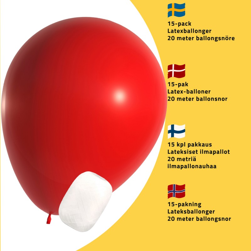 En röd ballong med vitt ballongsnöre, som skapar en lekfull och färgglad komposition.