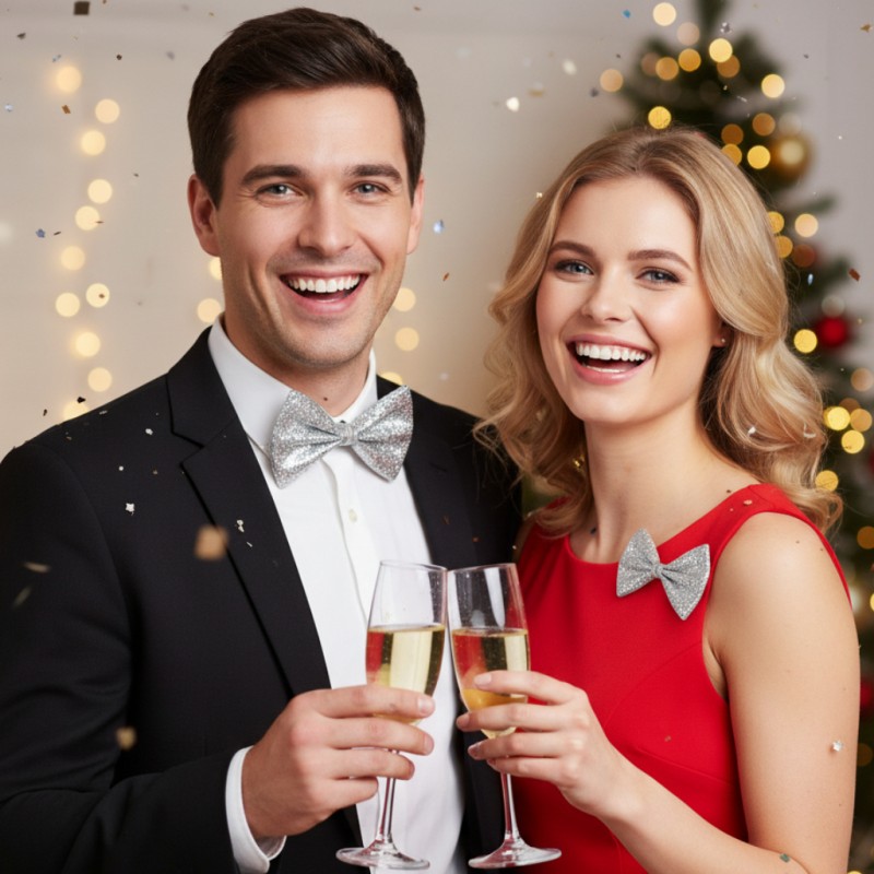 En elegant man och kvinna i festkläder och silvrig fluga  skålar, omgivna av en festlig atmosfär.