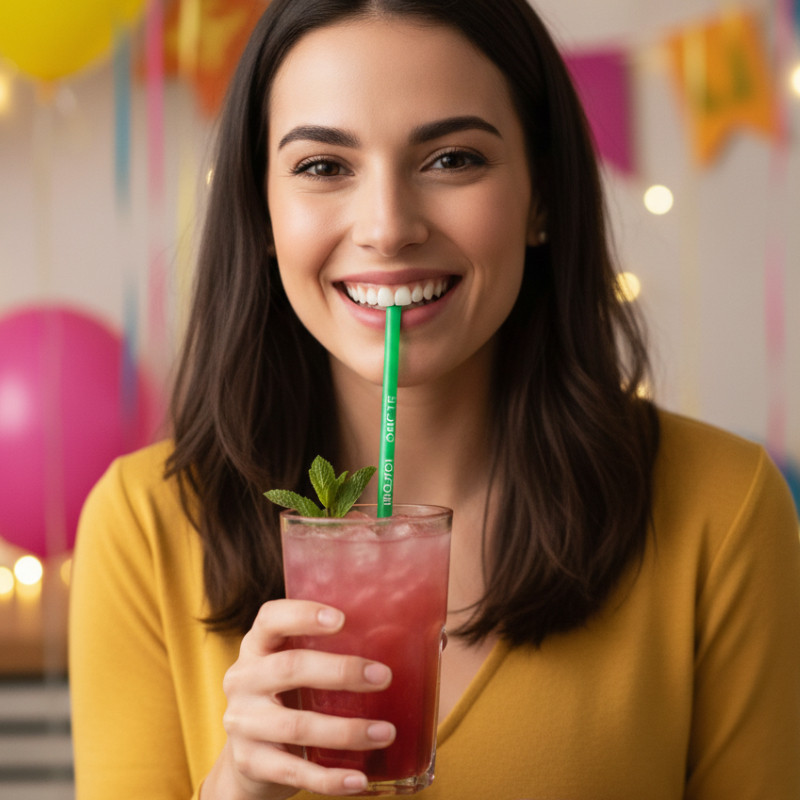 Ett porträtt av en leende ung kvinna som dricker ur ett glas med en röd cocktail med ett grönt sugrör.