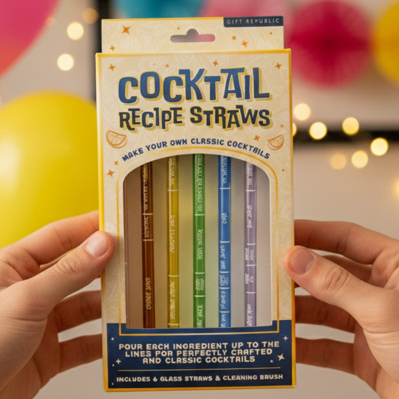 En bild som visar två händer som håller upp förpackningen med "Cocktail Recipe Straws".