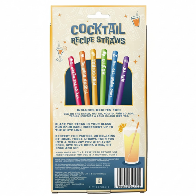 Baksidan av förpackningen "Cocktail Recipe Straws".