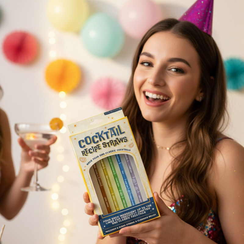En glad ung kvinna med mörkt hår och en partyhatt som håller upp förpackningen med "Cocktail Recipe Straws".