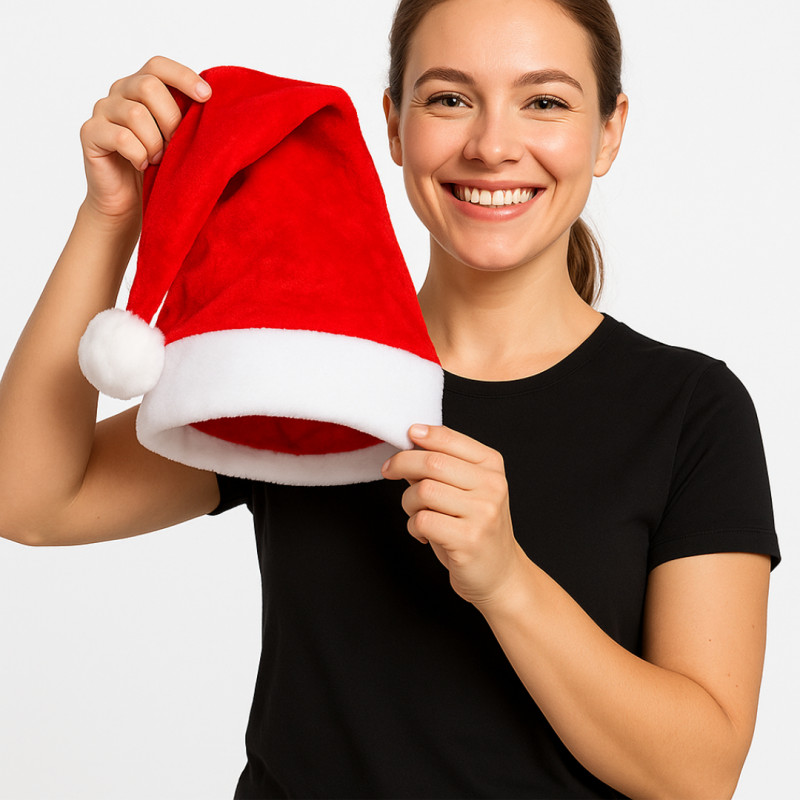 Person som håller upp en röd tomteluva med båda händerna.