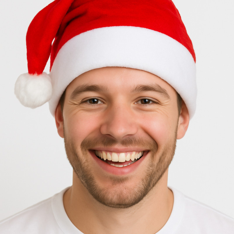 Person med röd tomteluva som ler stort mot kameran.