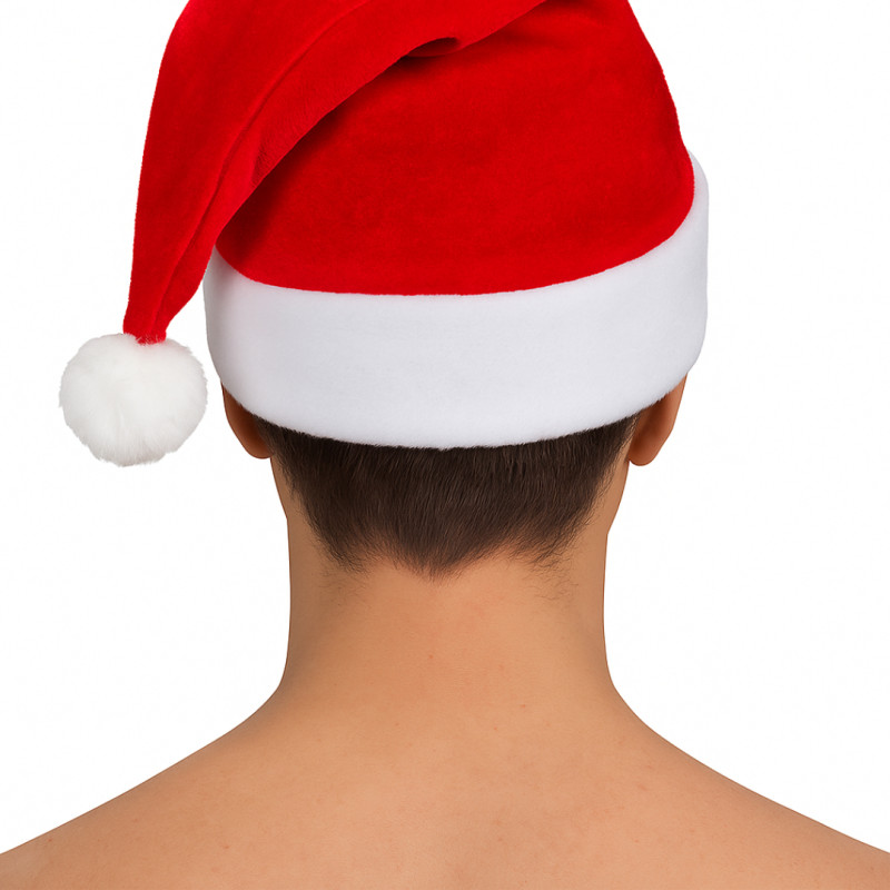 Baksida av en person som bär en röd tomteluva.