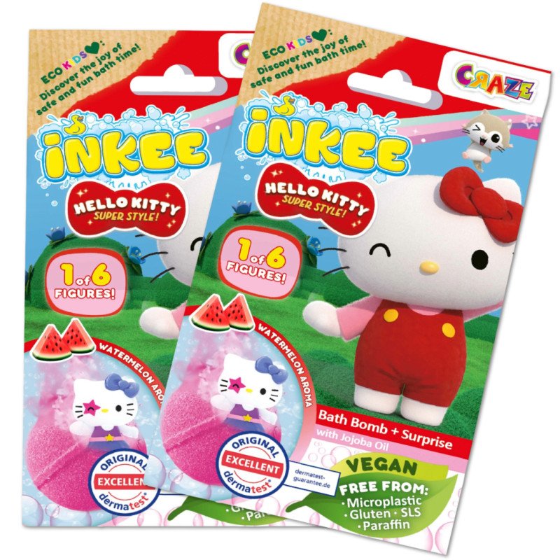 Två förpackningar av Inkee Hello Kitty-badbomber med överraskningsfigur.