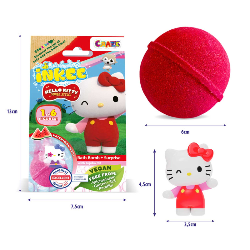 Storleksexempel på Inkee Hello Kitty-badbomb och figur jämte förpackningen.