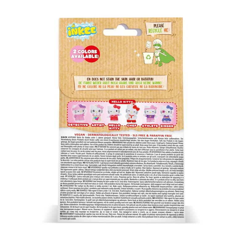 Baksidan av Inkee-förpackning som visar sex olika Hello Kitty-figurer och informationstext.