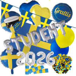 Student Dekorationer Paket XL - Student 2026 dekorerad med svenska flaggan och ett överflöd av färgglada ballonger.