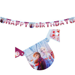 Upphängd Frost Happy Birthday-banderoll med Anna, Elsa och Olof.