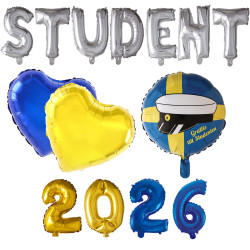 Student Dekorationer med texten "Student" plus "2026" samt gula & blå hjärtan och en ballong med text "Grattis till Studenten.