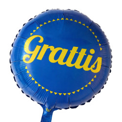 Folieballong i blått och gult med ordet Grattis tryckt, en festlig dekoration för glada stunder.