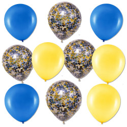 Ballongmix i blått, gult och transparent med konfetti.