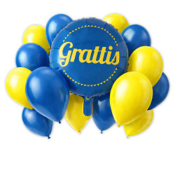 Ballongbukett i blått och gult med “Grattis”-folieballong.