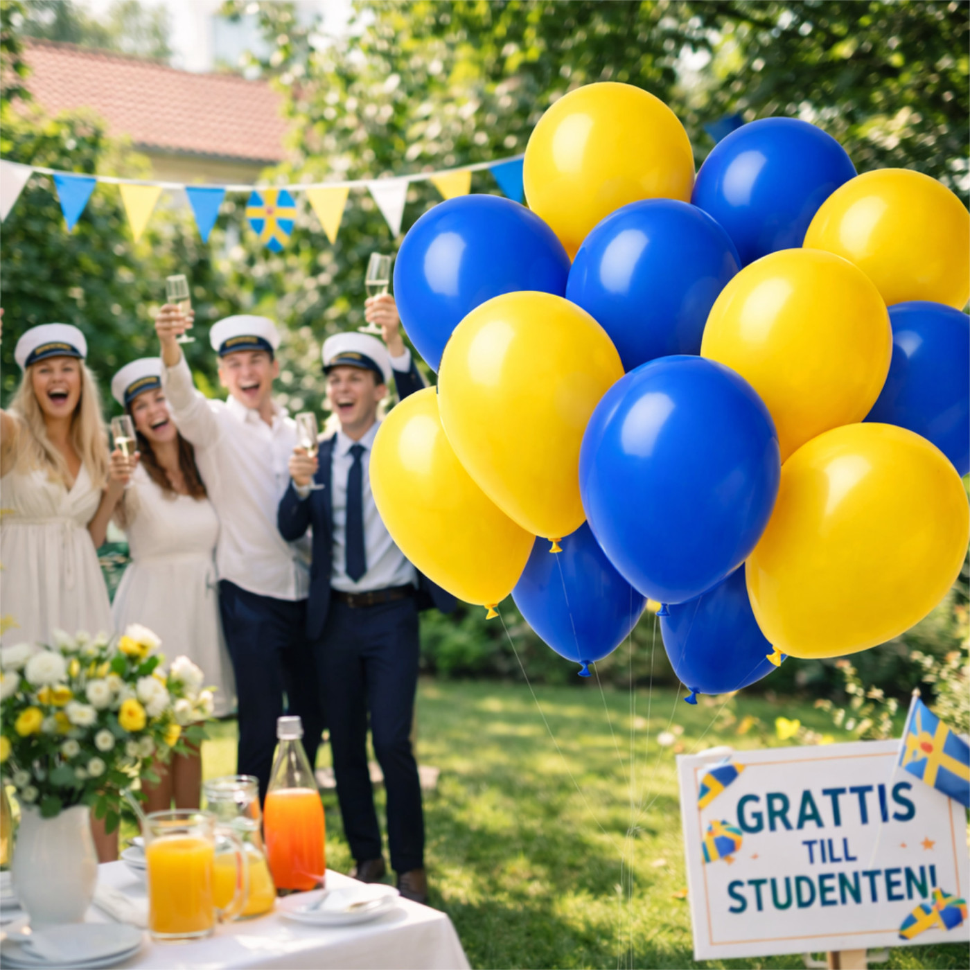 Studentfirande med blågula ballonger och skylt.