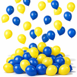 En hög med blåa och gula ballonger samlade i en färgglad och festlig hög.