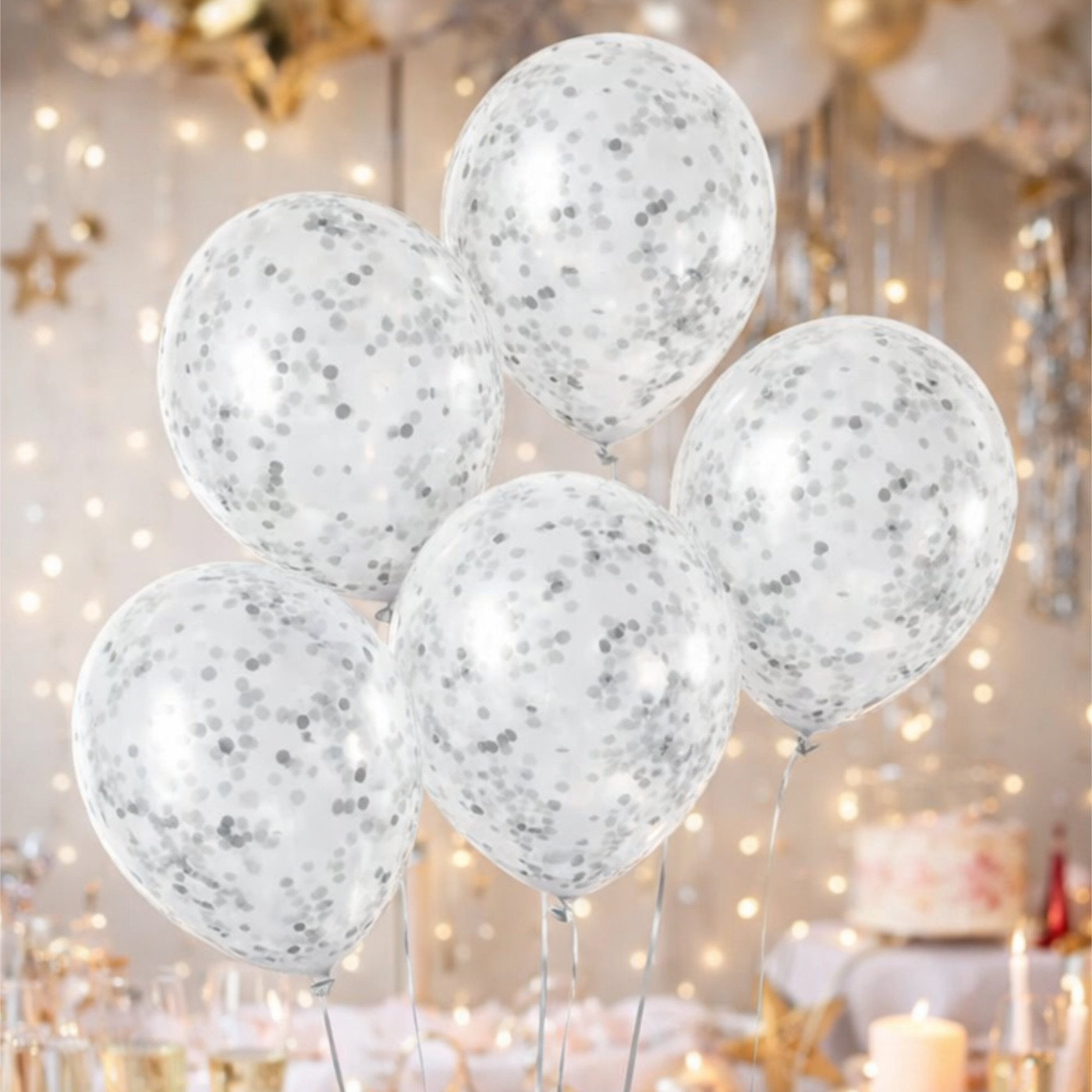 Konfettiballonger Silver – 6-pack för fest och dekoration 2