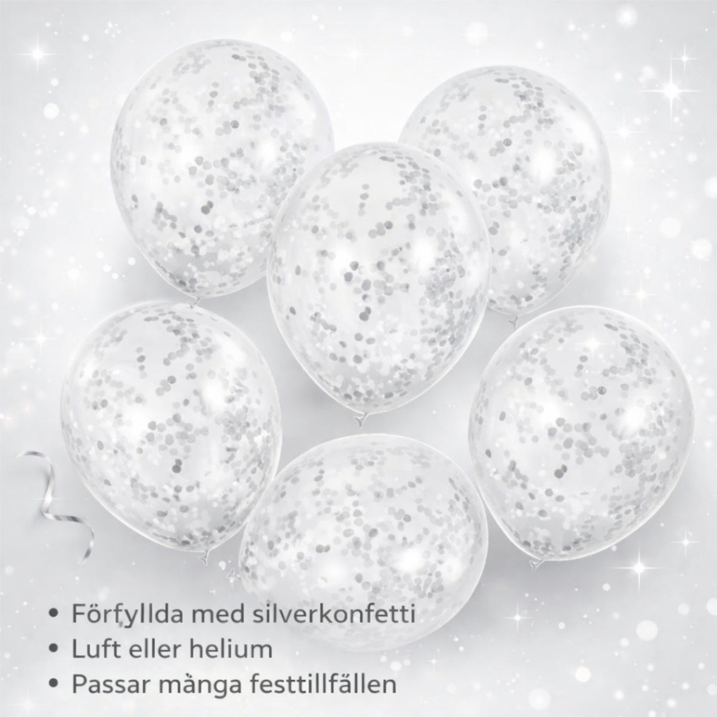 Konfettiballonger Silver – 6-pack för fest och dekoration 3