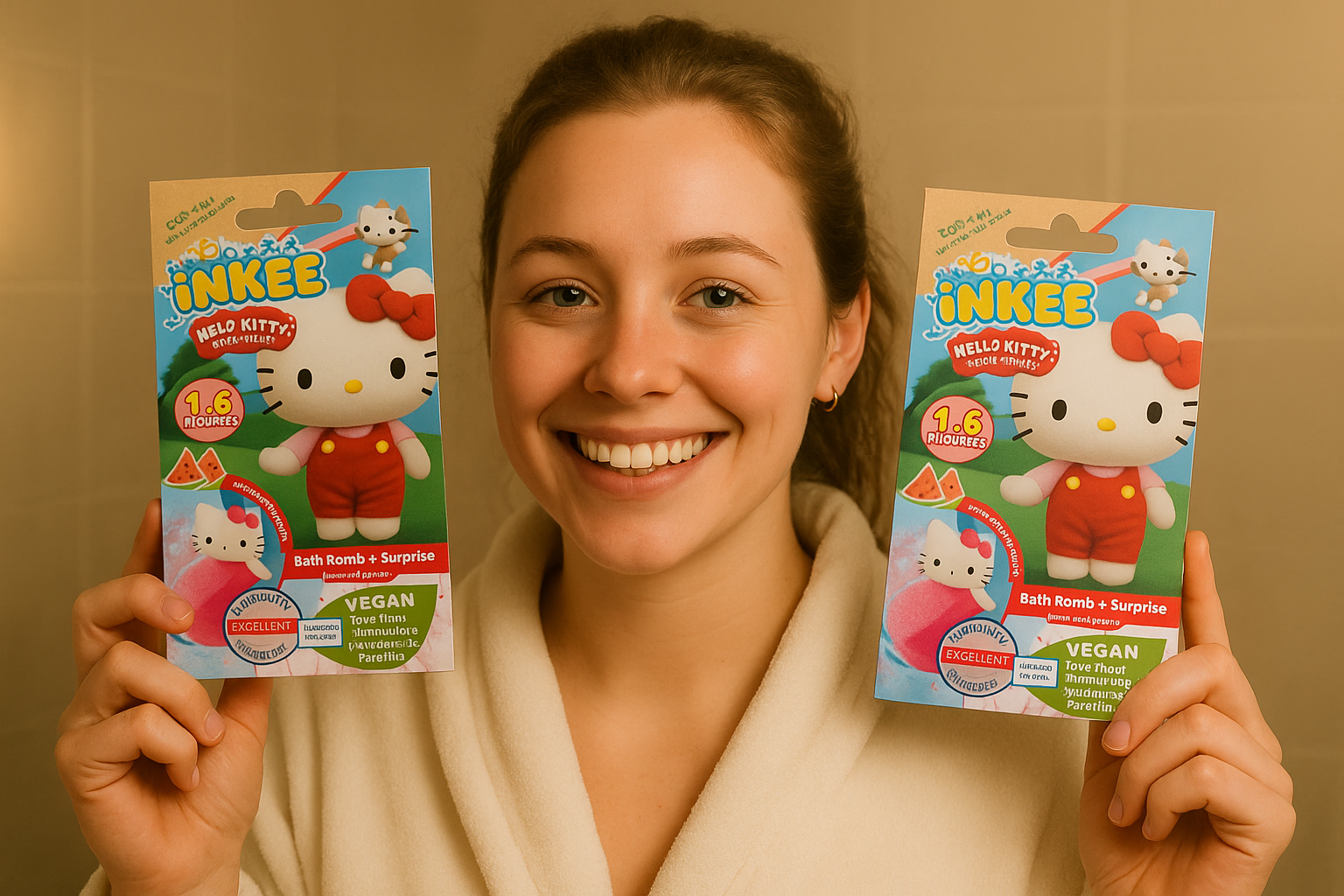 Emma håller up 2 förpackninga med Hello Kitty Badbomber