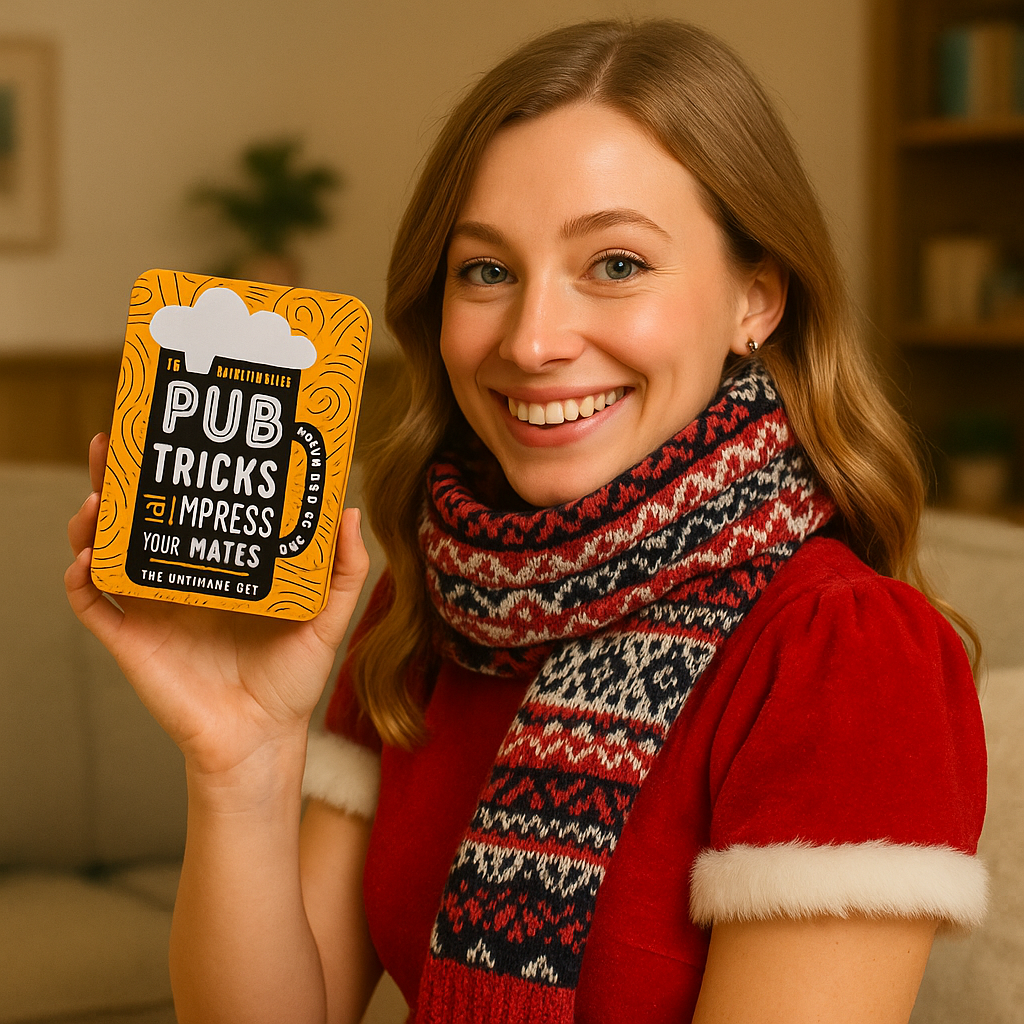 Emma håller en plåtask med Pub Tricks